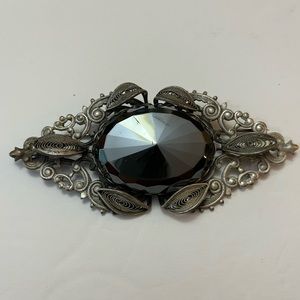 Vintage Brooch Black Onyx Filigree Setting Silver Tone Oval Pin